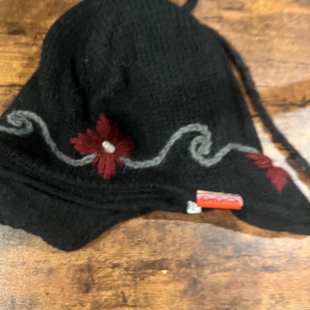 Black Knit Hat with Red Floral Design